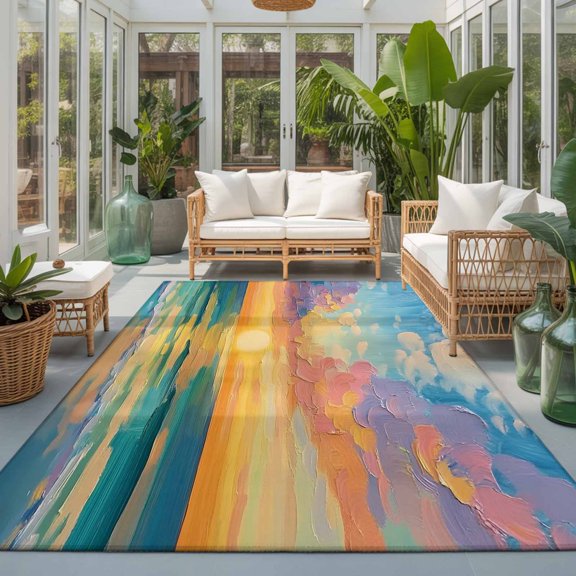 Area Rug 4x6ft, Seaside Beach Sunset Impressionist Style Washable Rugs for Living Room Bedroom, Watercolor Oil Painting Art Soft Non-slip Area Rugs Rectangle Floor Carpet for Dining Room