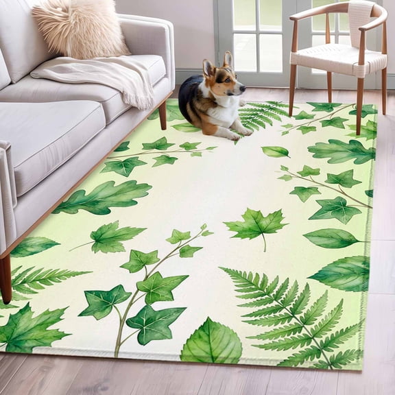 Area Rug 4x6ft, Spring Watercolor Leaves Plants Washable Rugs for Living Room Bedroom, Rustic Green Ivy Pothos Leaf Soft Non-slip Area Rugs Rectangle Floor Carpet for Dining Room