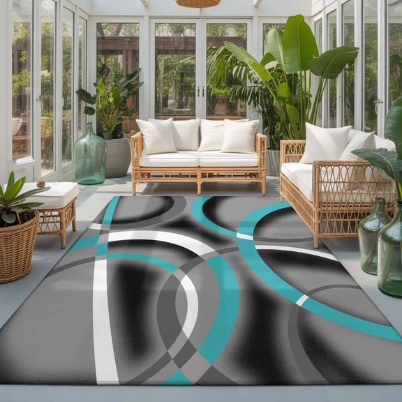 Area Rug 4x6ft, Teal Geometric Art Modern Abstract Washable Rugs for Living Room Bedroom, Contemporary Grey Circle Soft Non-slip Area Rugs Rectangle Floor Carpet for Dining Room