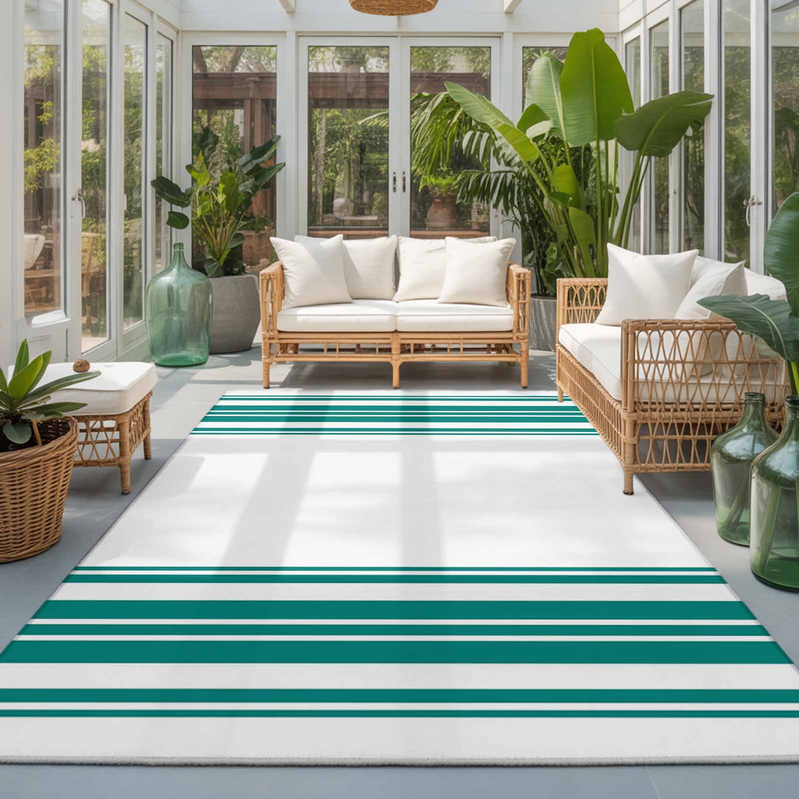 Area Rug 4x6ft, Teal Stripe Turquoise Line White Back Washable Rugs for ...
