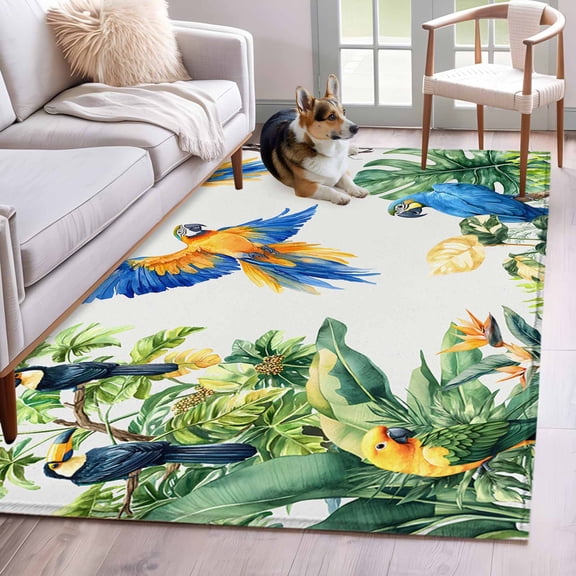 Area Rug 4x6ft, Tropical Plant Banana Leaf Washable Rugs for Living Room Bedroom, Parrot Toucan Soft Non-slip Area Rugs Rectangle Floor Carpet for Dining Room