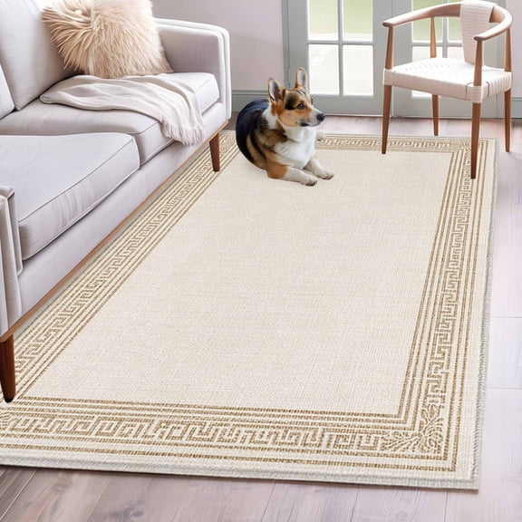 Area Rug 4x6ft, Vintage Farm Greece Key Washable Rugs for Living Room Bedroom, Abstract Geometric Greece Soft Non-slip Area Rugs Rectangle Floor Carpet for Dining Room