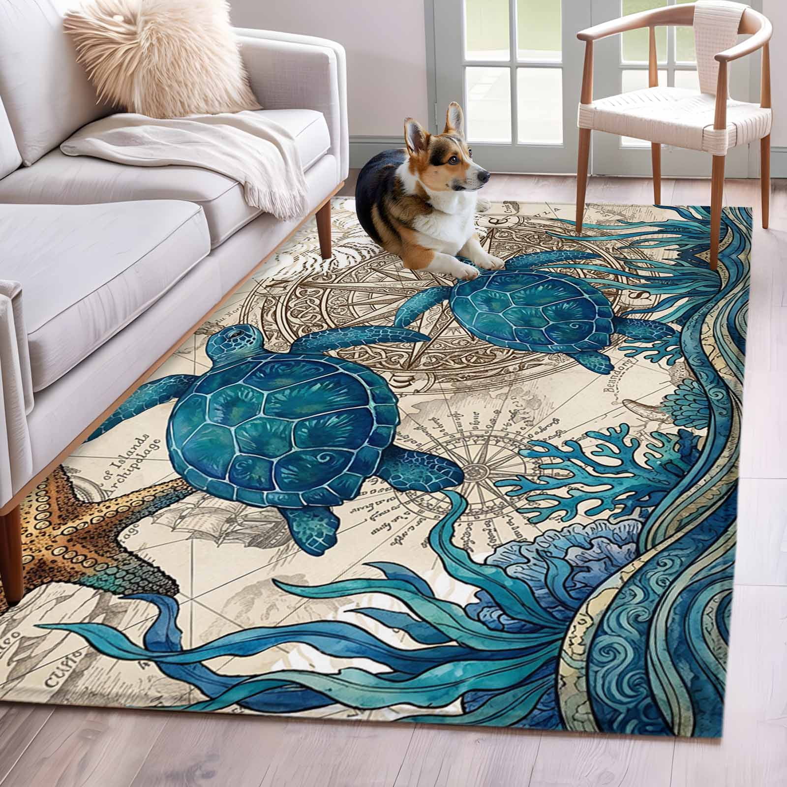 Area Rug 4x6ft, Vintage Sea Turtle Seaweed Starfish Washable Rugs for ...