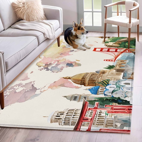 Area Rug 4x6ft, Watercolor World Map Washable Rugs for Living Room Bedroom, Iconic Landmarks Travel Soft Non-slip Area Rugs Rectangle Floor Carpet for Dining Room