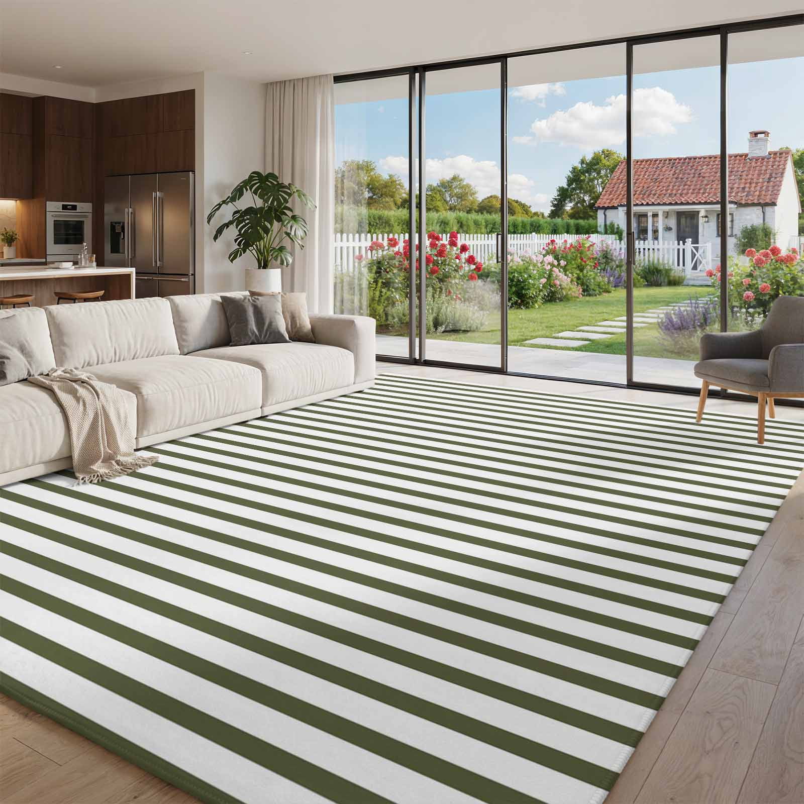 Area Rug 5 x 7 Washable, Forest Green Striped Rugs for Living Room ...
