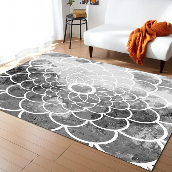 Area Rug 5'x7' Black Grey Modern Abstract Art Geometric Floral Washable Area Rugs Non Shedding Floor Carpet Rubber Backing Non-Slip Indoor Mats for Living Room Bedroom Kitchen