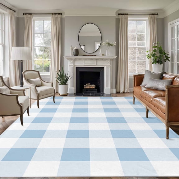 Area Rug 5'x7', Blue Checkered Non-slip Runner Rug Carpet for Bedside, Blue White Buffalo Plaid Washable Outdoor Indoor Area Rugs Mat for Entryway/Living Room/Bedroom/Kitchen/Office