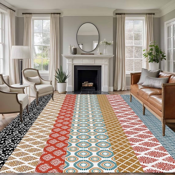 Area Rug 5'x7', Boho Non-slip Runner Rug Carpet for Bedside, Colorful Striped Ethnic Modern Geometric Abstract Art Outdoor Indoor Area Rugs Mat for Entryway/Living Room/Bedroom/Kitchen/Office