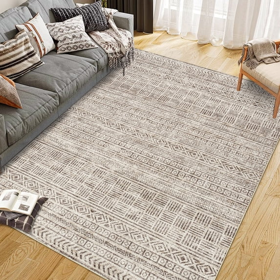 Area Rug 5'x7' Boho Textured Design Living Room Non Slip Low-Pile Soft Tribal Print Bedroom Rug Stain Resistant Playroom Carpet Office Beige