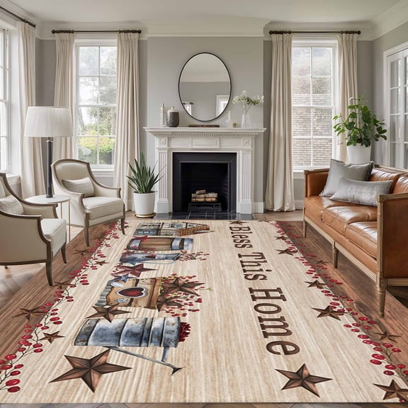 Area Rug 5'x7', Farmhouse Non-slip Runner Rug Carpet for Bedside, Brown Country Star Berry Vintage Wood Grain Washable Outdoor Indoor Area Rugs Mat for Entryway/Living Room/Bedroom/Kitchen/Office