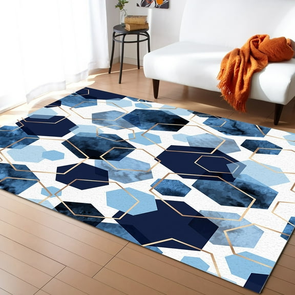 Area Rug 5'x7' Gold Blue Geometric Texture Washable Area Rugs Non Shedding Floor Carpet Rubber Backing Non-Slip Indoor Mats for Living Room Bedroom Kitchen