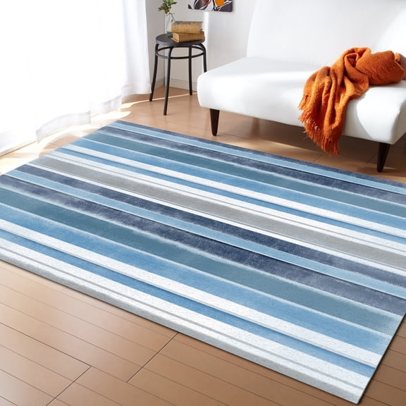 Area Rug 5'x7' Northern Europe Blue Vintage Stripes Washable Area Rugs Non Shedding Floor Carpet Rubber Backing Non-Slip Indoor Mats for Living Room Bedroom Kitchen