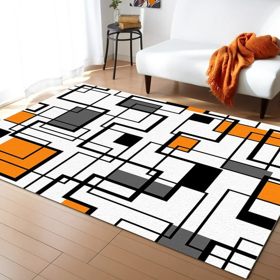Area Rug 5'x7' Orange Grey Abstract Geometric Art Modern Washable Area Rugs Non Shedding Floor Carpet Rubber Backing Non-Slip Indoor Mats for Living Room Bedroom Kitchen