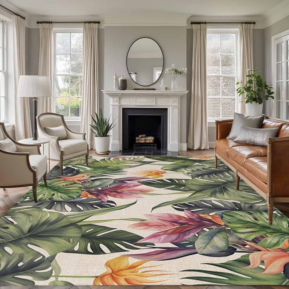Area Rug 5'x7', Palm Leaves Non-slip Runner Rug Carpet for Bedside, Summer Botanical Tropical Plants Rustic Washable Outdoor Indoor Area Rugs Mat for Entryway/Living Room/Bedroom/Kitchen/Office