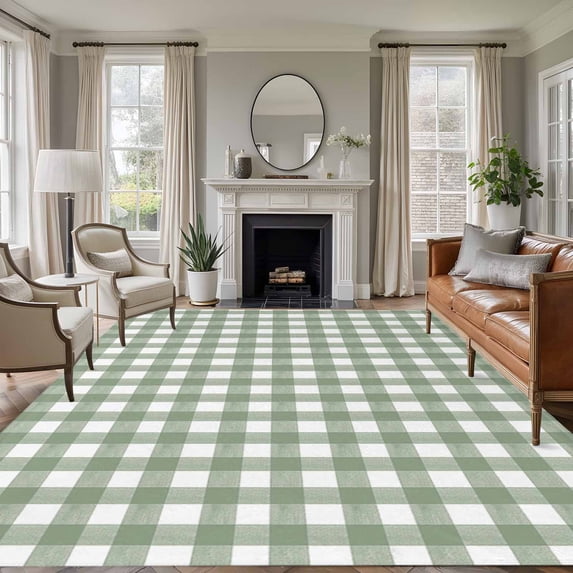 Area Rug 5'x7', Sage Green Buffalo Plaid Non-slip Runner Rug Carpet for Bedside, Farmhouse Green White Checkered Washable Outdoor Indoor Area Rugs Mat for Entryway/Living Room/Bedroom/Kitchen/Office