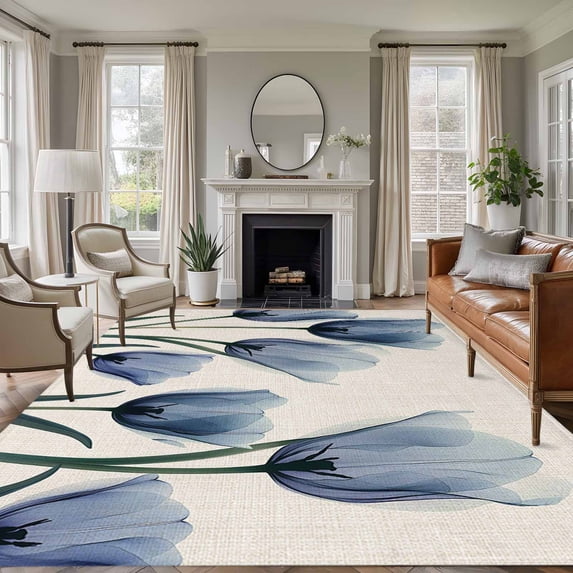 Area Rug 5'x7', Spring Floral Non-slip Runner Rug Carpet for Bedside, Blue Tulip Summer Botanical Rustic Washable Outdoor Indoor Area Rugs Mat for Entryway/Living Room/Bedroom/Kitchen/Office