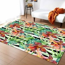 Area Rug 5'x7' Summer Flowers Tropical Plant White and Black Striped Washable Area Rugs Non Shedding Floor Carpet Rubber Backing Non-Slip Indoor Mats for Living Room Bedroom Kitchen