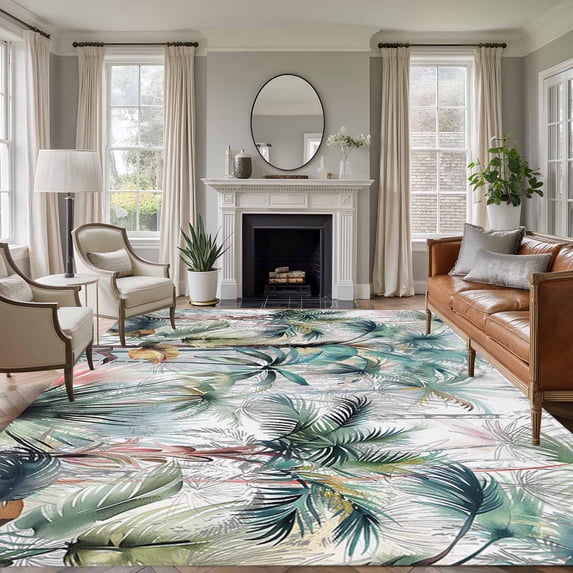 Area Rug 5'x7', Summer Palm Trees Non-slip Runner Rug Carpet for Bedside, Botanical Tropical Leaves Washable Outdoor Indoor Area Rugs Mat for Entryway/Living Room/Bedroom/Kitchen/Office