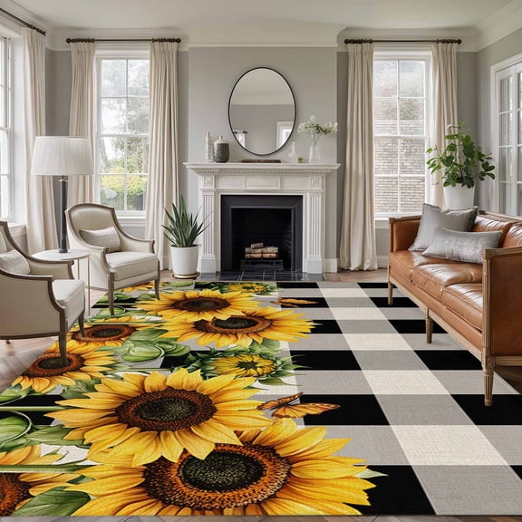 Area Rug 5'x7', Sunflower Checkered Non-slip Runner Rug Carpet for Bedside, Black Buffalo Plaid Pastoral Flowers Washable Outdoor Indoor Area Rugs Mat for Entryway/Living Room/Bedroom/Kitchen/Office