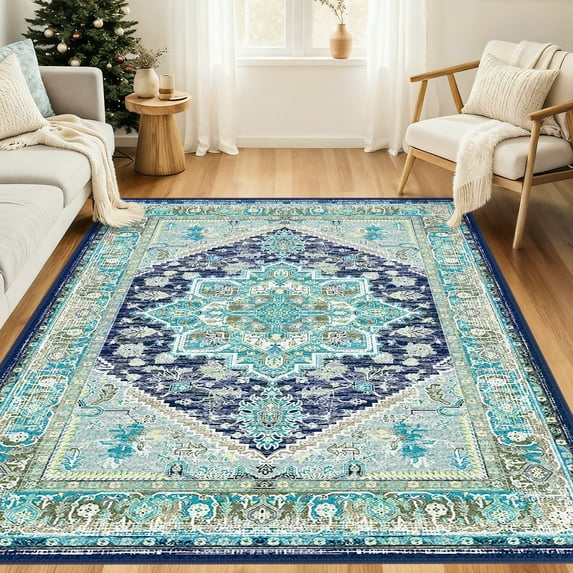 Newburos Area Rug 5'x7', Non-Slip Machine Washable Rugs for Living Room Bedroom, Low Pile Soft Vintage Print Pattern Indoor Carpet, Blue & Green