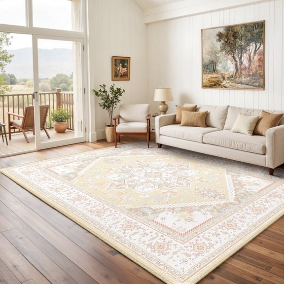 Newburos Area Rug 5'x7', Non-Slip Machine Washable Rugs for Living Room Bedroom, Low Pile Soft Vintage Print Pattern Indoor Carpet, Cream