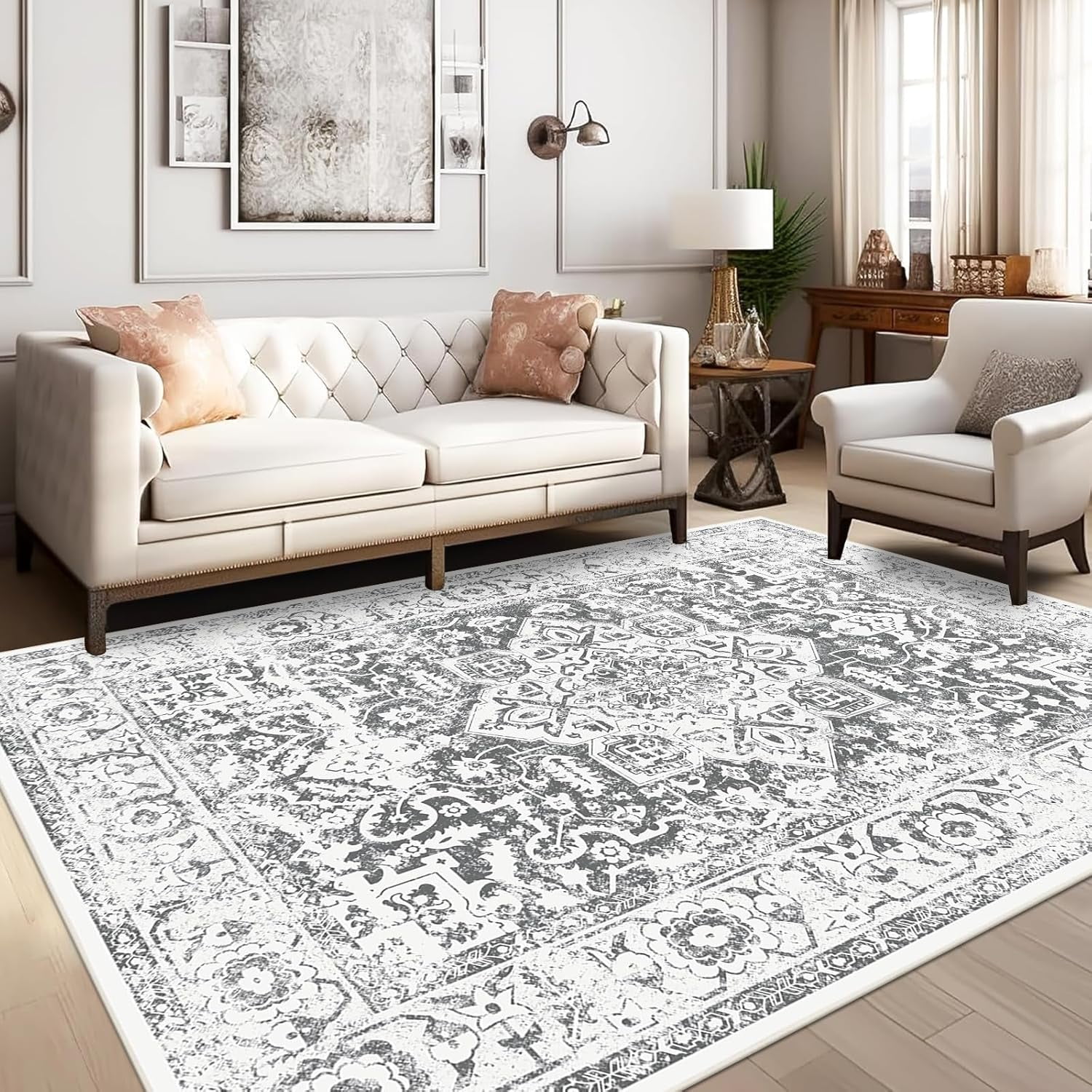 Gray and White Vintage Oriental Chenille Area Rug 5' x 7'