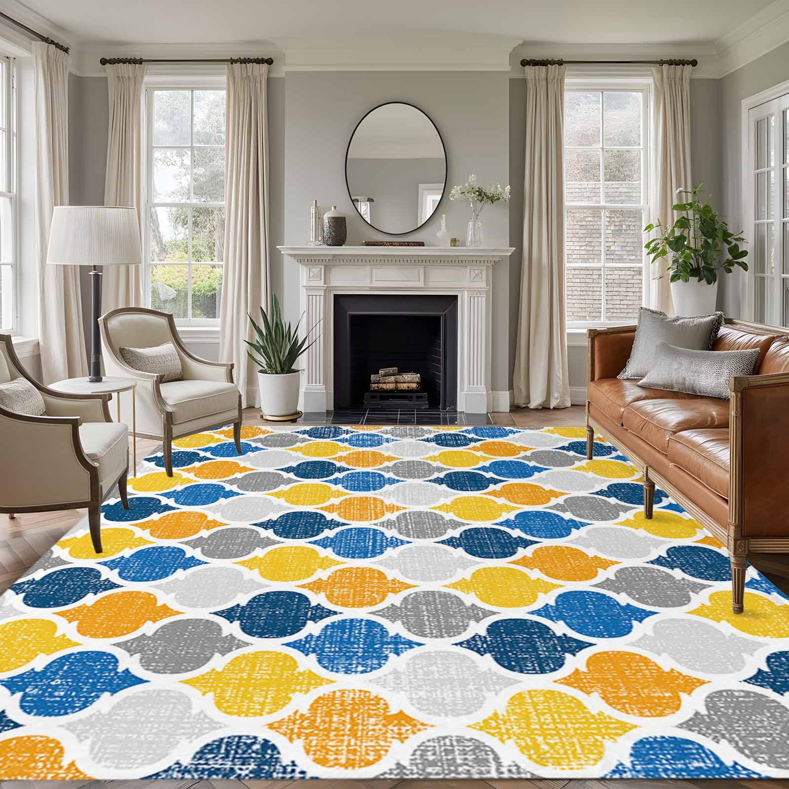 Area Rug 5'x7', Yellow Blue Morocco Pattern Non-slip Runner Rug Carpet ...