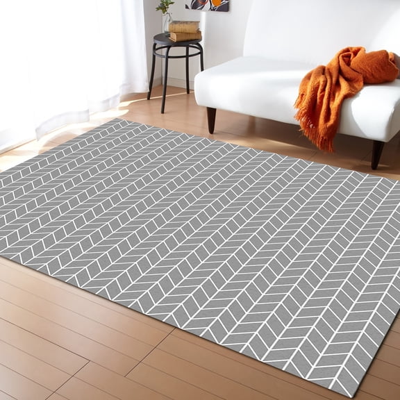 Area Rug 5'x8' Abstract Art of Gray Geometric Lines Herringbone Washable Area Rugs Non Shedding Floor Carpet Rubber Backing Non-Slip Indoor Mats for Living Room Bedroom Kitchen