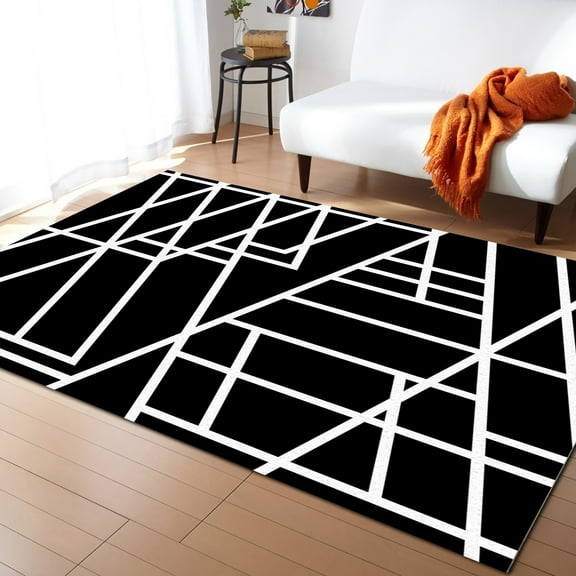 Area Rug 5'x8' Abstract Geometric White Line Black Texture Washable Area Rugs Non Shedding Floor Carpet Rubber Backing Non-Slip Indoor Mats for Living Room Bedroom Kitchen