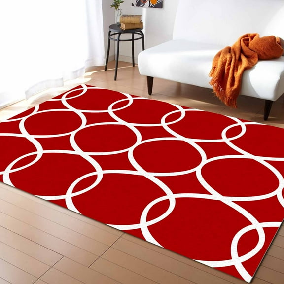 Area Rug 5'x8' Abstract Geometric White Line Red Texture Washable Area Rugs Non Shedding Floor Carpet Rubber Backing Non-Slip Indoor Mats for Living Room Bedroom Kitchen