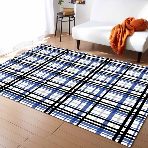 Area Rug 5'x8' Abstract Stripes Blue Black Grey Plaid Washable Area Rugs Non Shedding Floor Carpet Rubber Backing Non-Slip Indoor Mats for Living Room Bedroom Kitchen