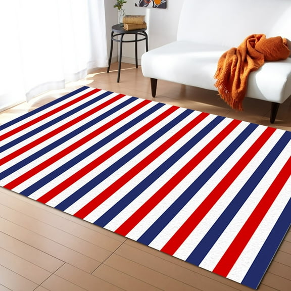 Area Rug 5'x8' Classic Modern Striped Red Blue White Washable Area Rugs Non Shedding Floor Carpet Rubber Backing Non-Slip Indoor Mats for Living Room Bedroom Kitchen