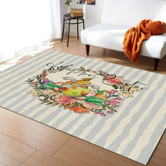 Area Rug 5'x8' Easter Rabbit Gnome Floral Wreath on Grey Stripe Washable Area Rugs Non Shedding Floor Carpet Rubber Backing Non-Slip Indoor Mats for Living Room Bedroom Kitchen