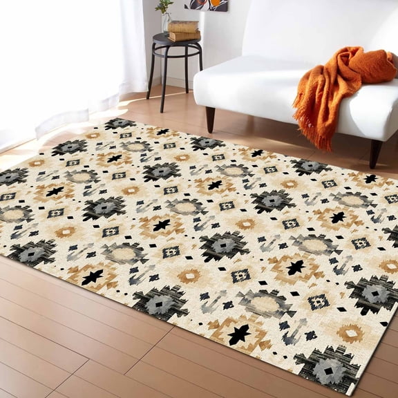 Area Rug 5'x8' Ethnic Tribal Abstract Geometric Texture Khaki Washable Area Rugs Non Shedding Floor Carpet Rubber Backing Non-Slip Indoor Mats for Living Room Bedroom Kitchen