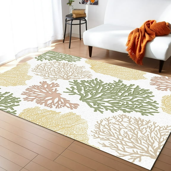 Area Rug 5'x8' Geometric Abstract Ocean Green and Orange Coral Washable Area Rugs Non Shedding Floor Carpet Rubber Backing Non-Slip Indoor Mats for Living Room Bedroom Kitchen