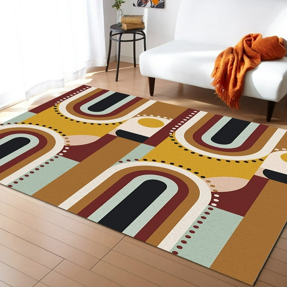 Area Rug 5'x8' Mid-Century Modern Geometric Abstract Brick Red Washable Area Rugs Non Shedding Floor Carpet Rubber Backing Non-Slip Indoor Mats for Living Room Bedroom Kitchen