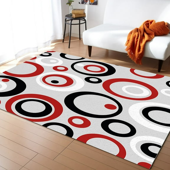 Area Rug 5'x8' Modern Abstract Geometric Red Black Circle Washable Area Rugs Non Shedding Floor Carpet Rubber Backing Non-Slip Indoor Mats for Living Room Bedroom Kitchen