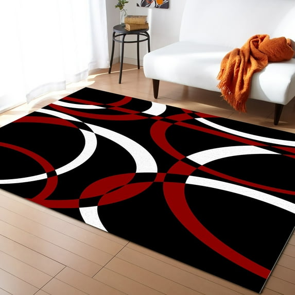 Area Rug 5'x8' Modern Red White Geometric Circles Abstract Art Washable Area Rugs Non Shedding Floor Carpet Rubber Backing Non-Slip Indoor Mats for Living Room Bedroom Kitchen