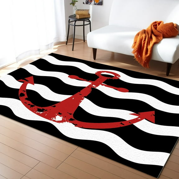 Area Rug 5'x8' Red Nautical Anchor Navy Blue Wavy Stripes Washable Area Rugs Non Shedding Floor Carpet Rubber Backing Non-Slip Indoor Mats for Living Room Bedroom Kitchen