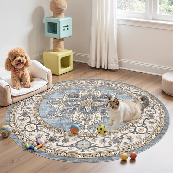 Toyoso 5x5 Round Area Rug, Traditional Circle Silicone Carpet, 0.25 inch Slim Machine Washable Non Slip Floor Covering for Reading Corners and Entryways, Circular Decorative Rug, Light Blue