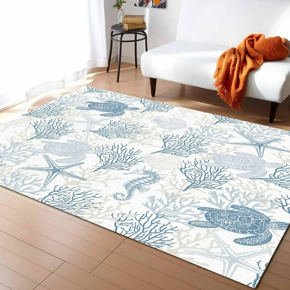 Area Rug 5x6ft Summer Ocean Ombre Blue Coral and Turtle Washable Area Rugs Non Shedding Floor Carpet Rubber Backing Non-Slip Indoor Mats for Living Room Bedroom Kitchen