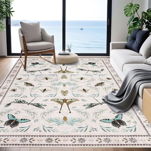 Area Rug 5x7 Indoor Floral Insect Pattern, Ultra Soft Machine Washable Stain Resistant, Non-Slip Backing Low Pile for Living Room Bedroom Dining Office