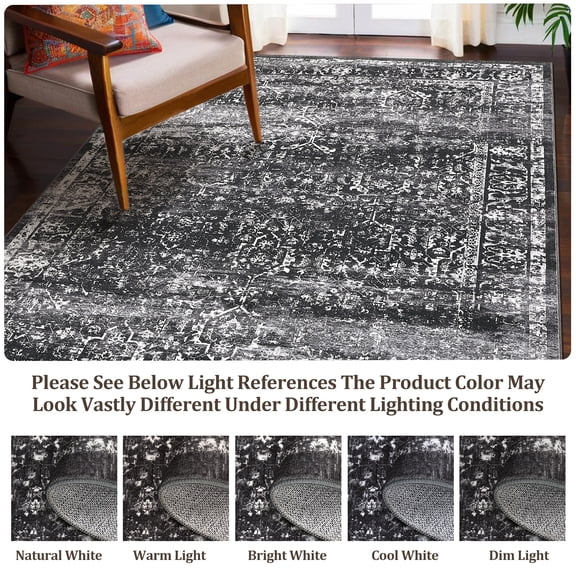 Area Rug 5x7 Vintage Indoor Rug Stain Resistant Washable Floor Carpet Soft Low Pile Distressed Accent Rug Anti-Skid Thin Throw Rug for for Living Room Bedroom Home Office, Black