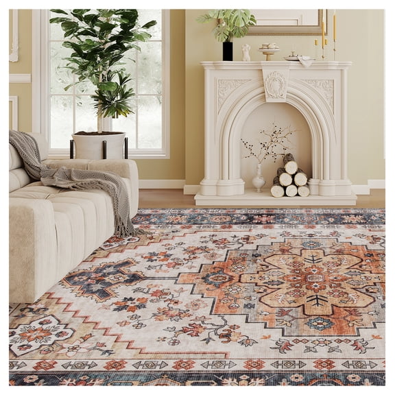 Area Rug 5x7, Washable Boho Rug Non-Slip, Medallion Carpet Living Room Bedroom, Soft Berber Fleece, Vintage Floral Design, Tawny Brown