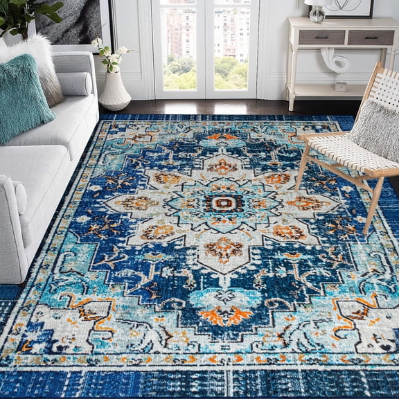 Area Rug 5x7 Washable Boho Rugs For Living Room Non-slip Bedroom Low Pile Lightweight Tangerine Vintage Throw Dining Kitchen Home Office Carpet Floral Aqua Yellow