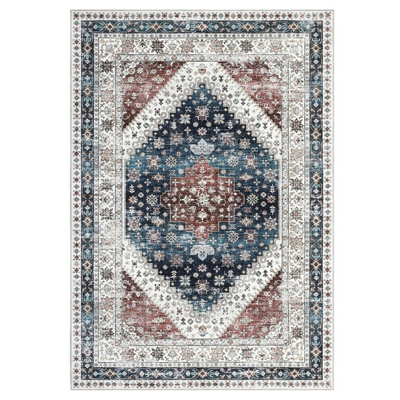 Area Rug 5x7 Washable Rug for Living Room with Non Slip Backing Distressed Floral Foldable Low Pile Carpet Ultra Soft Medallion Print Accent Throw Rug for Nursery Playroom Offcie, Blue