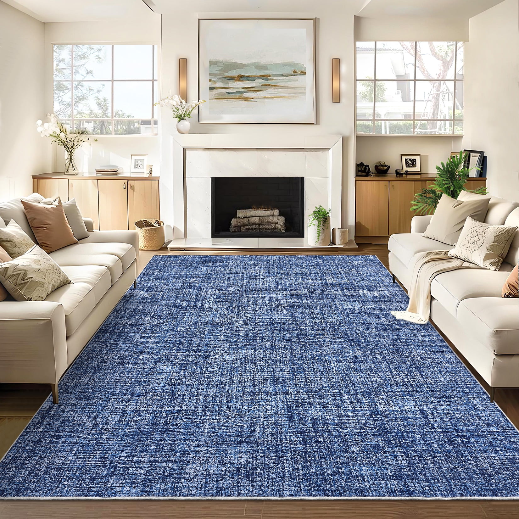 Area Rug 5x7 Washable Rug Solid Color Rug Modern Blue Rug with Non Slip Backing, Plain Rug, Distressed Accent Rug for Living Room, Bedroom, Stain Resistant Soft Thin Rug