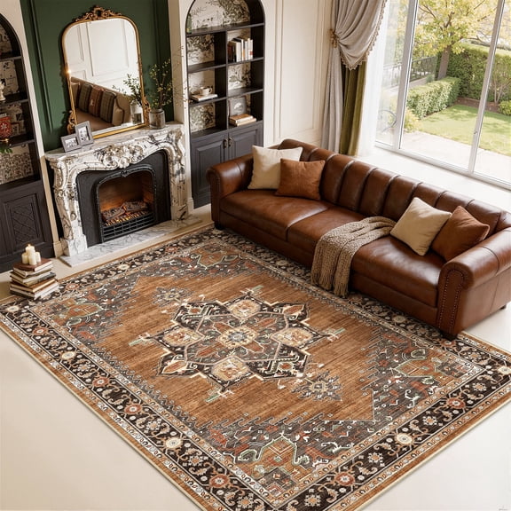 Toyoso 5x7 Distressed Oriental Area Rug, Traditional Patterned Silicone Indoor Carpet, 0.25 inch Low Pile Machine Washable Non Slip High Traffic Decorative Floor Rug for Bedroom, Brown Rust