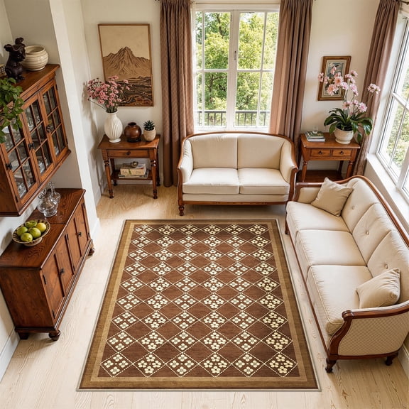 Toyoso 5x7 Traditional Walnut Lattice Rug, Geometric Flower Border Carpet, 0.25" Low Pile Machine Washable Non-Slip Floor Rug, Stain Resistant Soft Bedroom Carpet for Modern Living Decor