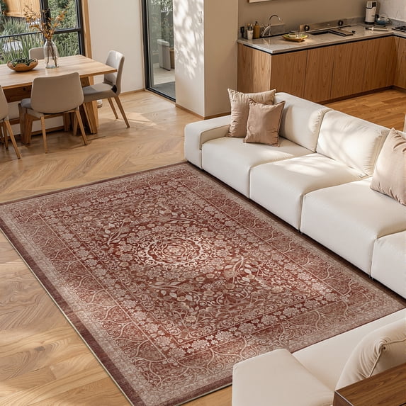 Toyoso 5'x7' Distressed Persian Area Rug - Rustic Brick Red & Terracotta Silicone Rug, Antique Southwestern Washable Floor Decor, Non-Slip Low-Pile Indoor Mat for Living Room & Study Office